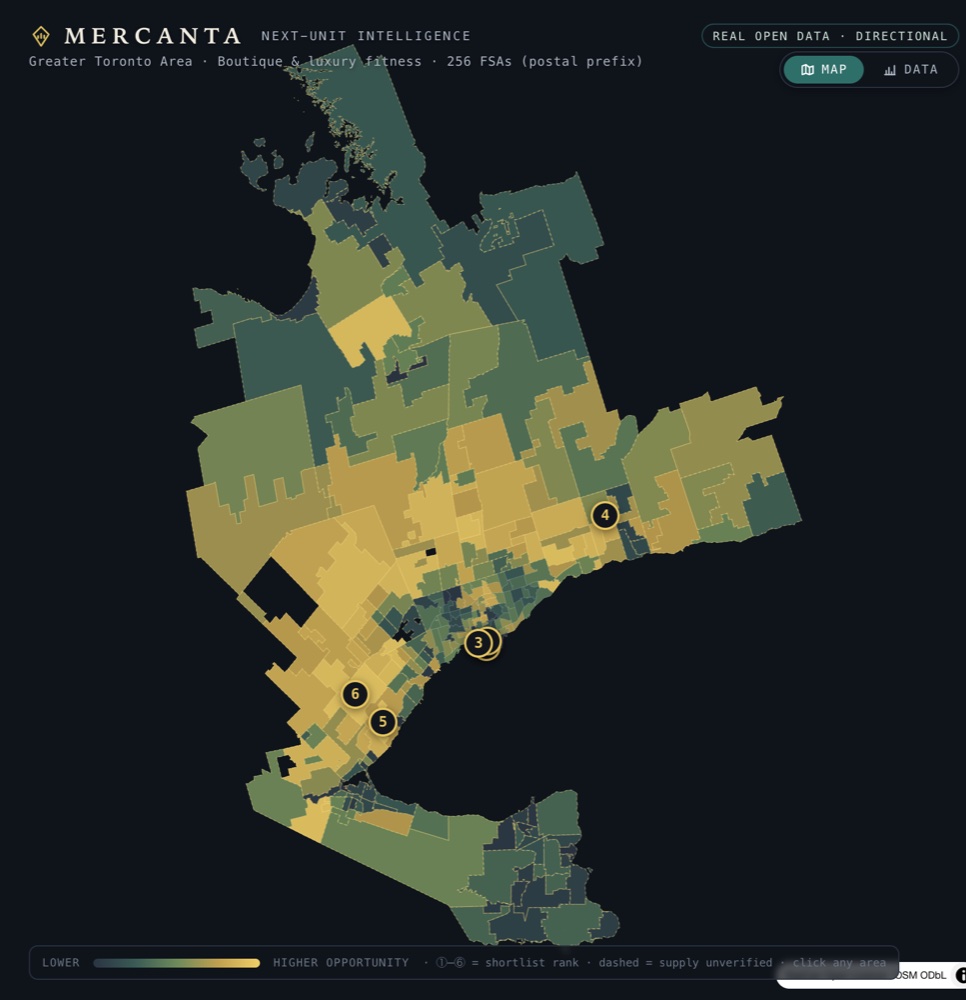 The Mercanta app's opportunity map of the GTA — 256 postal areas ranked, the strongest six flagged.